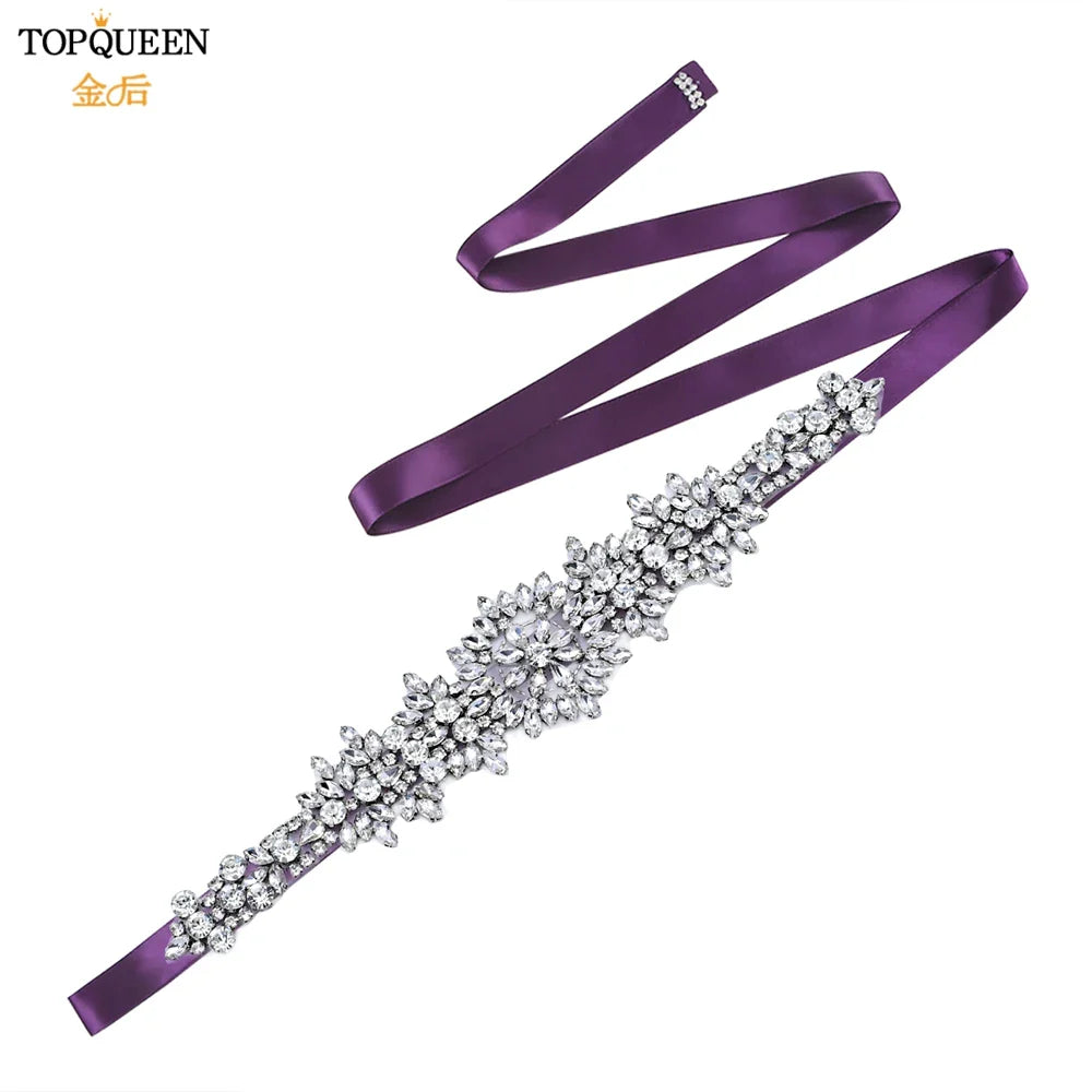 TOPQUEEN S319 Rhinestones Wedding Belt Sparkly Bride Dress Decorative Sash with Stone Jeweled Satin Ribbons Silver Gown Applique Purple ribbon