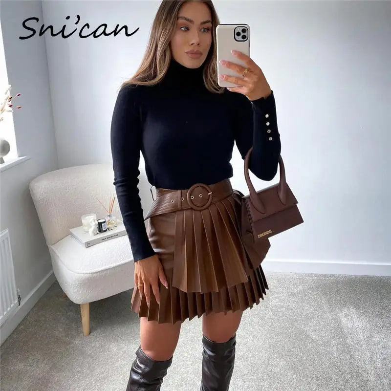 Bown Pu Leather Skirt With Belt Fashion Autumn Sprint Cascading Pleated High Waist Jupe Cuir Femme Women Falda Plisada