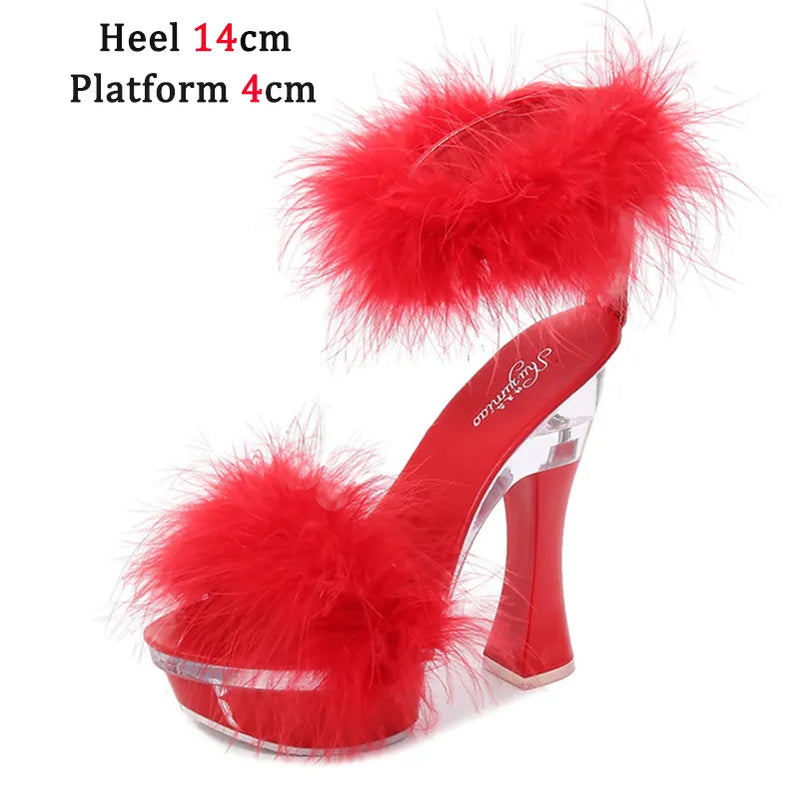 4 Color Feather Thick High Heels Platform Sandals Women 14cm 17cm Heels Shoes Female Summer Hair Wedding Pumps Shoes Red 14cm