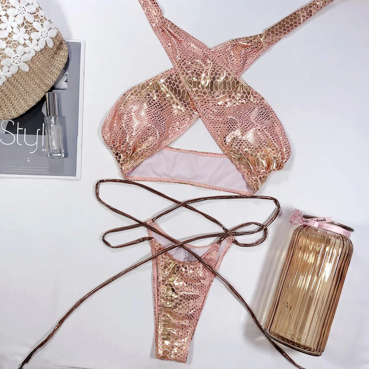 Women Fax Leather Gold Bikini Set Sequined Padded Bra Crease Bandeau Swimsuit Glitter Beach Swimwear Sliver Halter Bathing Suit Pink