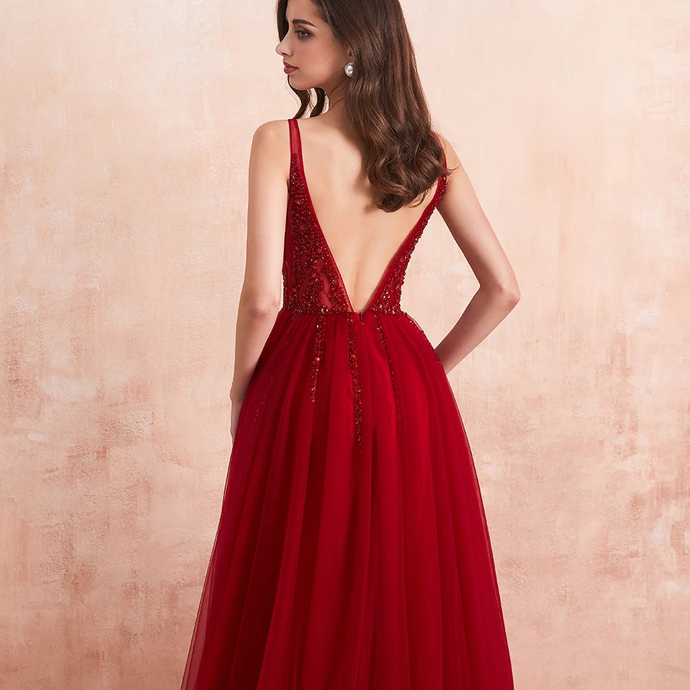 Sexy V-Neck Long Prom Dresses Beaded Beading Crystal High Splits Backless A-Line Formal Gown Party Dress burgundy