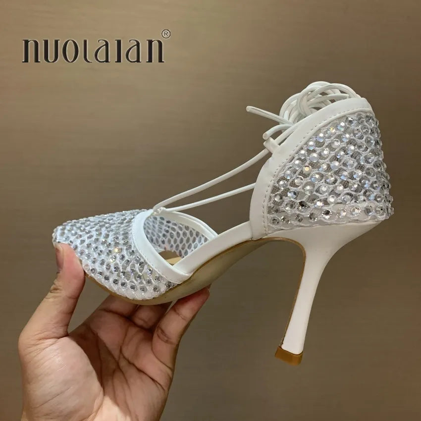 Fashion Green Rhinestone Women Pumps Sandals Female Square Toe high heels Lace Up Cross-tied Stiletto hollow Party Shoes Woman