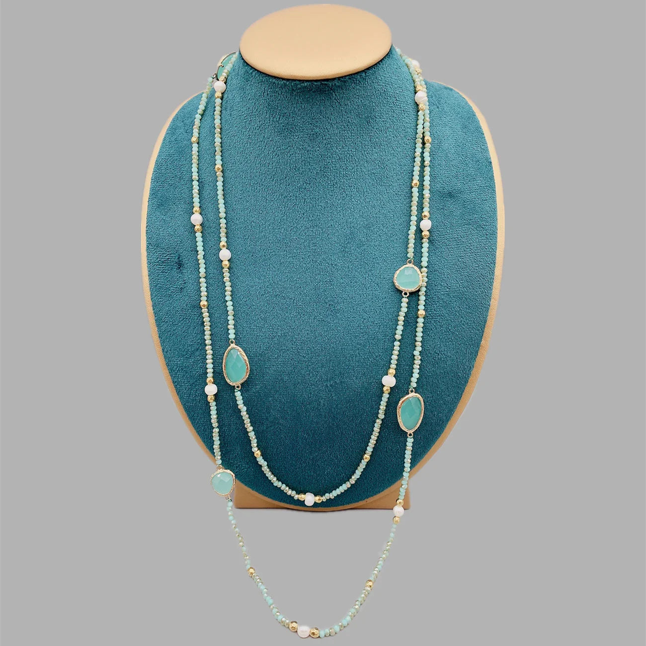 Faceted Cut Irregular Aqua Quartz Long Necklace With 5-6mm White Freshwater Pearls 2mm Crystals And Hammered Gold Beads 50 Inch 50 Inches 5.5-6mm