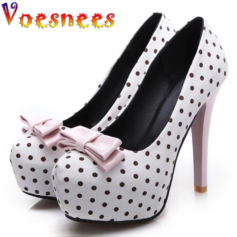 2021 Spring Autumn Women's Pumps Sweet Bow Polka Dot High-Heeled Single Shoes Round Toe Thin Heels Plus Size Women Shoes