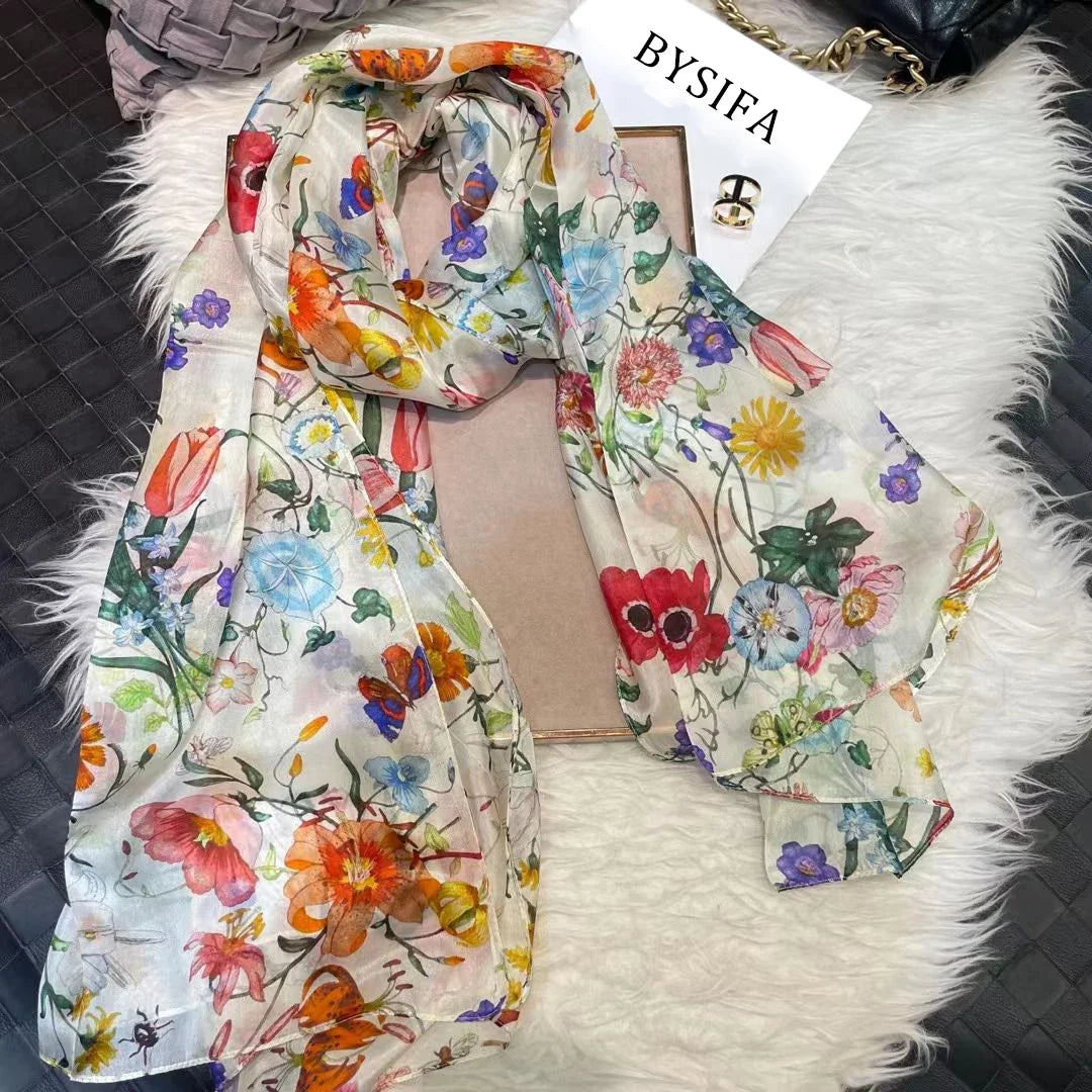 white100% Silk Scarf Women Scarves Bufandas Summer Beach Shawls Foulard Fall Winter Brand Flower Design Long Neck Scarves Hijabs