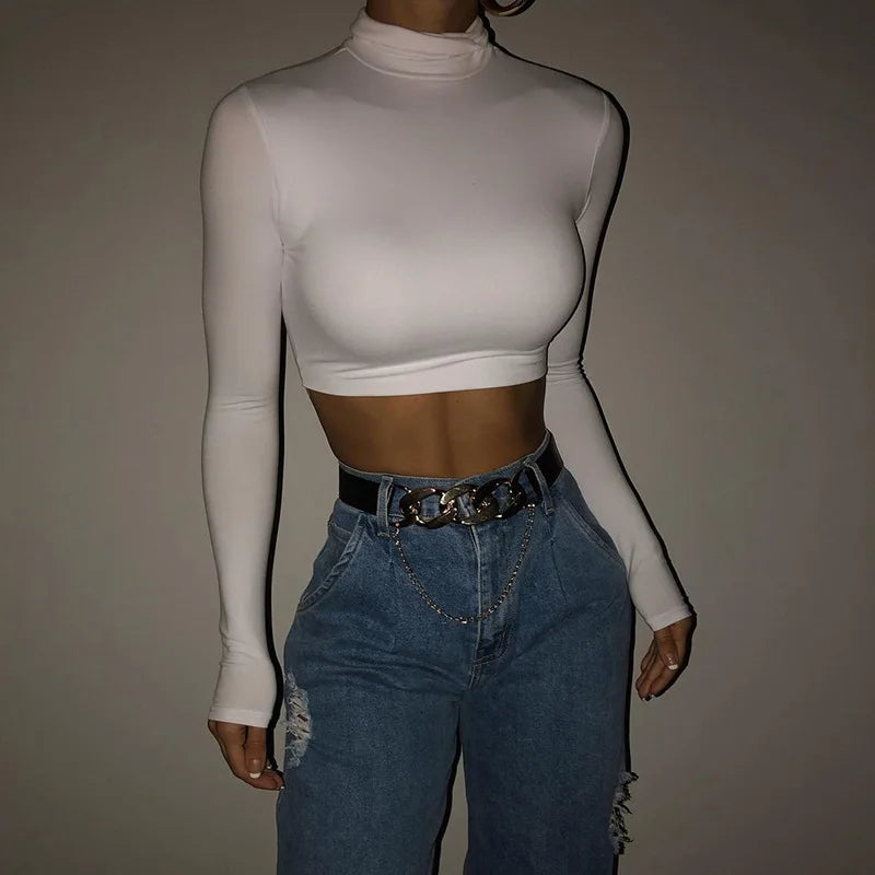 Basic Sheath Women Solid Turtleneck Tshirt Autumn Stretch Casual Undershirt Female All-match Street Activity Crop Tops WHITE