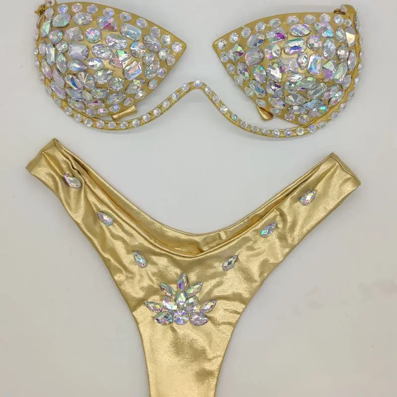 Diamond bikini crystal bikini swimwear plus sizes bikini rhinestone bikini swimsuit sexy beachwear biquini GOLD