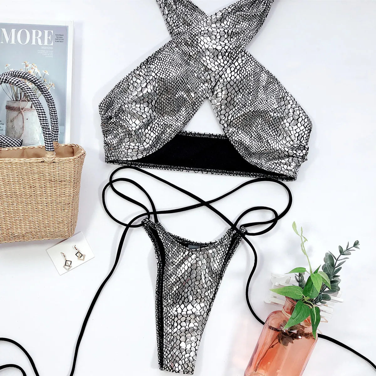 Women Fax Leather Gold Bikini Set Sequined Padded Bra Crease Bandeau Swimsuit Glitter Beach Swimwear Sliver Halter Bathing Suit Silver