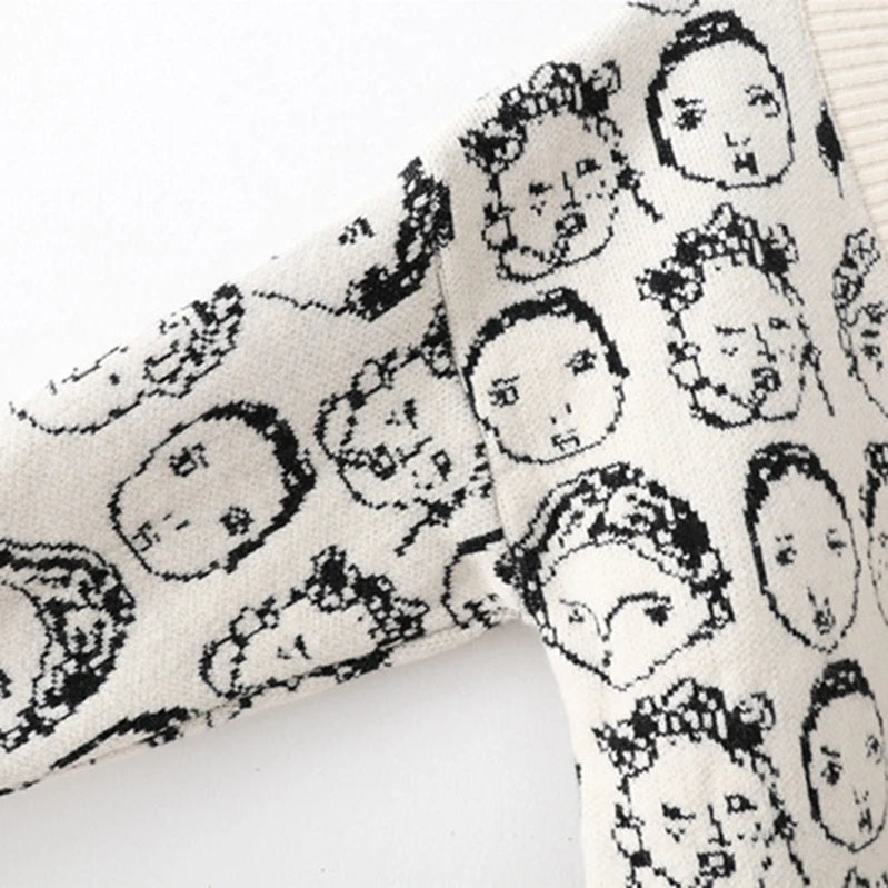 Autumn Winter New Comic V neck Cardigan Female Jacket Knitwear Sweater Coat Casual Knit Pull Femme Sweater For Women