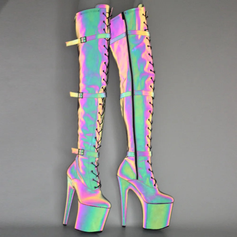 8 Inch Lace Up Thigh High Boots Sexy Exotic Pole Dance Colorful Reflective Fabric Luminous Platform Shoes