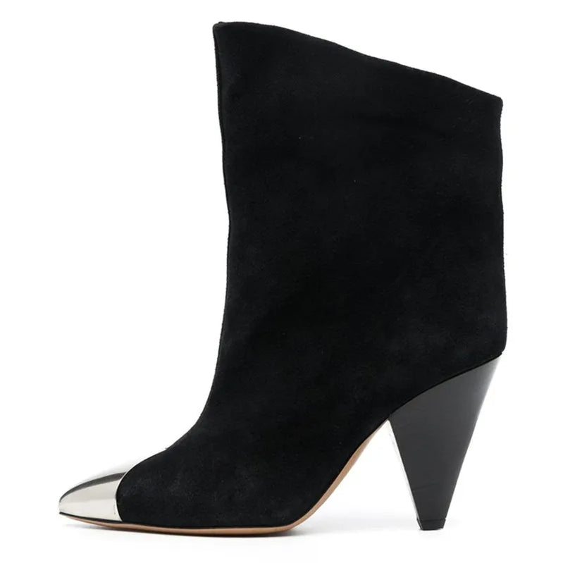 Women Ankle Boots Autumn Winter New High Heel Cowhide Pointed Toe Fashion Ladies Shoes Spike Heels Iron-toed Sexy Botines Mujer Black nubuck leather