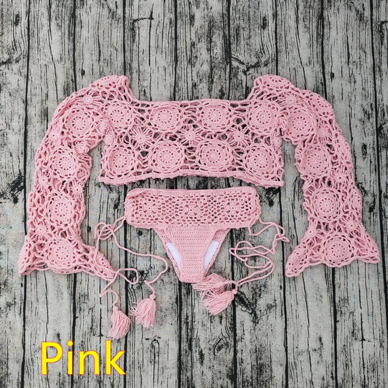 Hand Crochet Bikini Set Women boho Sexy cover up swimming trunks beach Swimwear festival clothing Pink Set