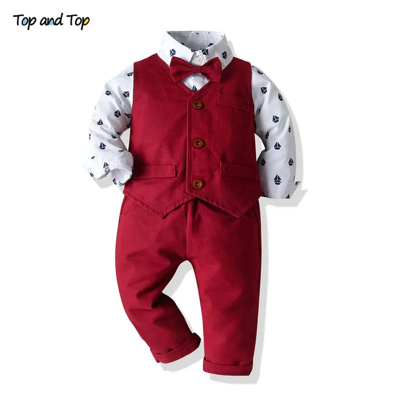 Top and Top Boys Gentleman Clothing Set Cotton Lengan Panjang Lengan Bowtie Kemeja+Rompi+Celana 3pcs Setel Kids Boy Set Pakaian Santai