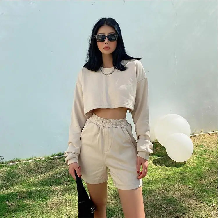 Womens Casual Tracksuits 2 Piece Set Spring Crop Sweatshirt + Sporting Shorts Sweat Set Ladies Two Piece Outfit Solid Color Suit