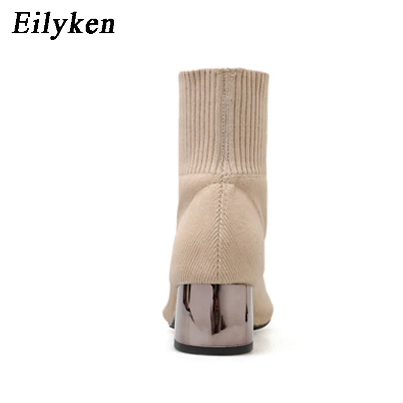 Fashion Knitted Stretch Fabric Sewing Women Ankle Boots Square Heels Winter Pointed Toe Ladies Sock Booties