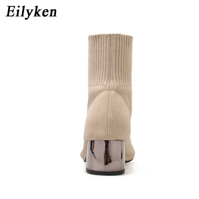 Fashion Knitted Stretch Fabric Sewing Women Ankle Boots Square Heels Winter Pointed Toe Ladies Sock Booties