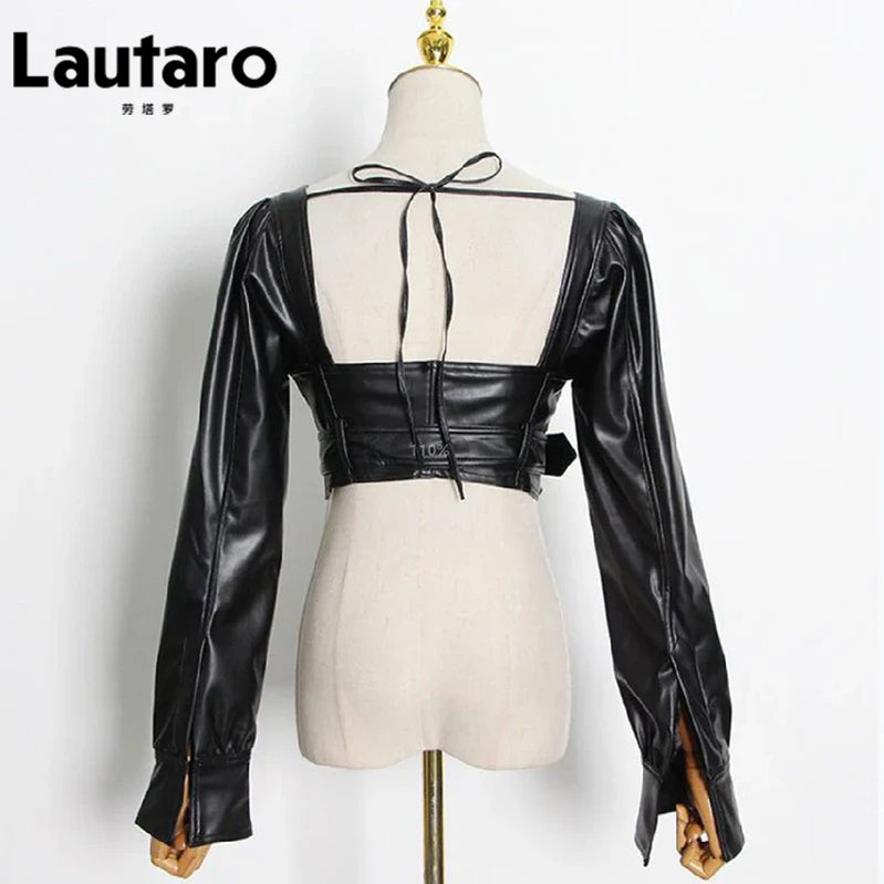 Y2k Black Faux Leather Crop Top Women Square Neck Long Sleeve Zipper Cropped Jacket 2021 Sexy Backless Fashion 5xl 6xl