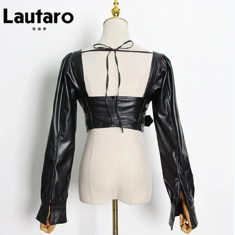 Y2k Black Faux Leather Crop Top Women Square Neck Long Sleeve Zipper Cropped Jacket 2021 Sexy Backless Fashion 5xl 6xl