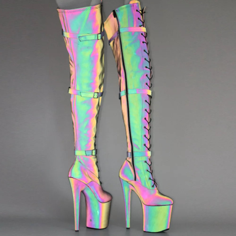 8 Inch Lace Up Thigh High Boots Sexy Exotic Pole Dance Colorful Reflective Fabric Luminous Platform Shoes
