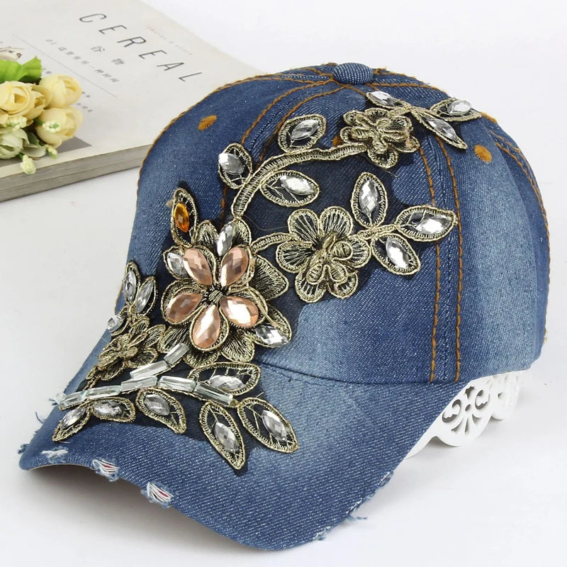 Baseball Cap With Flower Canvas Snapback Caps For Women Female Cap Hat Rhinestone Denim Cap 1 XXL >8Y