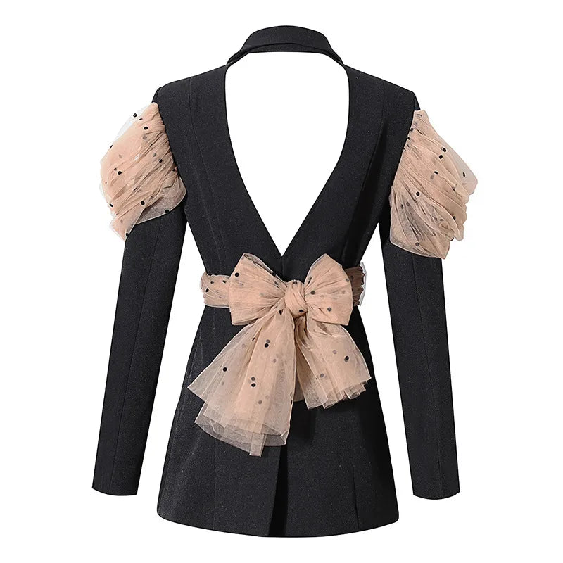 Casual Patchwork Dot Mesh Blazer For Women Notched Long Sleeve Backless Blazers Female Fashion Clothing