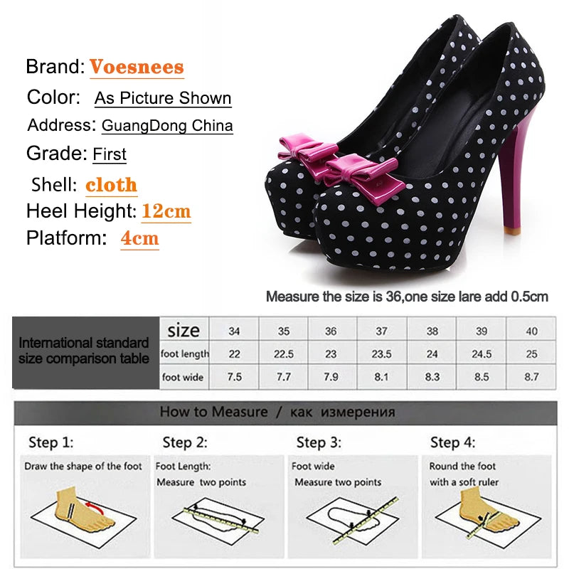 2021 Spring Autumn Women's Pumps Sweet Bow Polka Dot High-Heeled Single Shoes Round Toe Thin Heels Plus Size Women Shoes