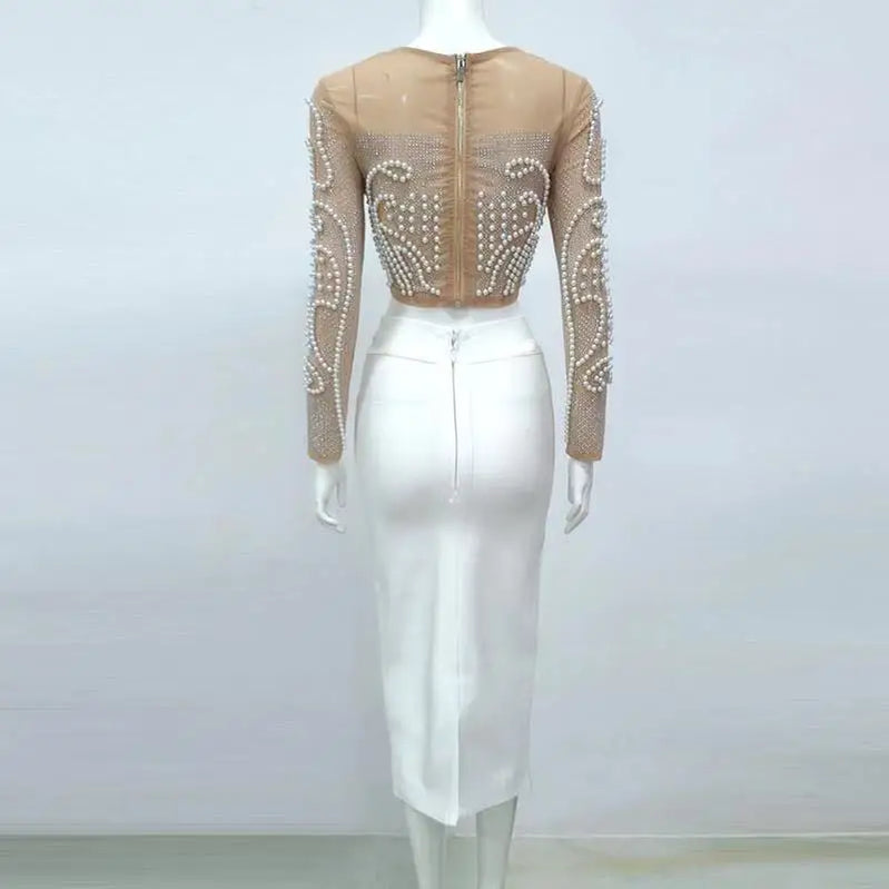 Women Autumn Sexy Diamonds Beading Mesh Crystal Long Sleeve Two Pieces Rayon Bandage Sets Ladies White Designer High Street Sets