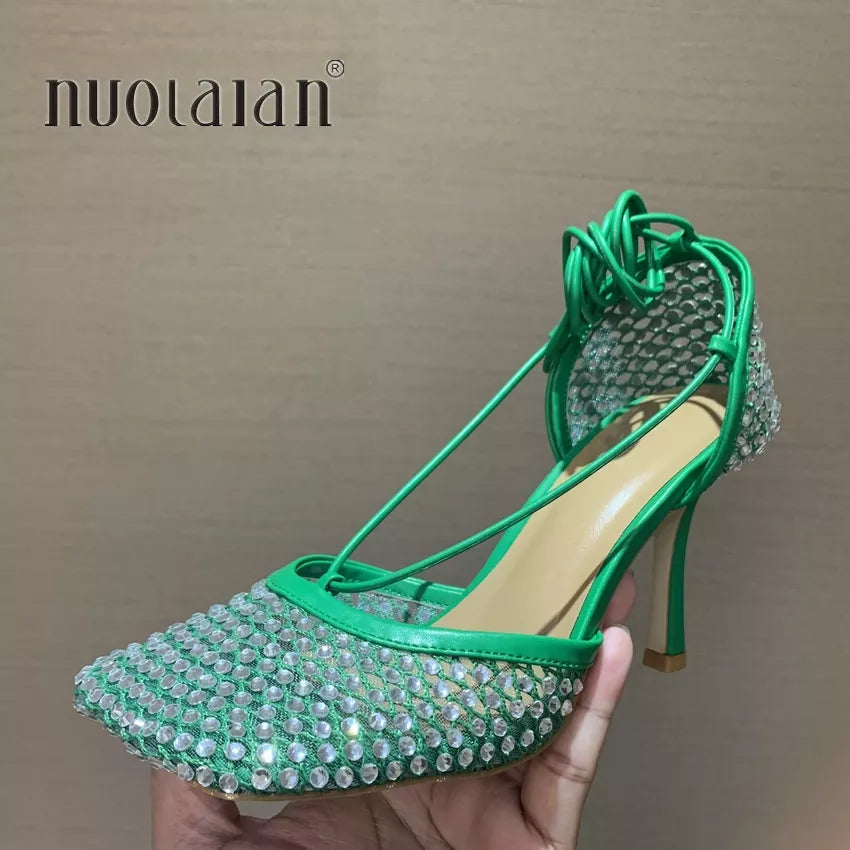 Fashion Green Rhinestone Women Pumps Sandals Female Square Toe high heels Lace Up Cross-tied Stiletto hollow Party Shoes Woman DCT-SZX green