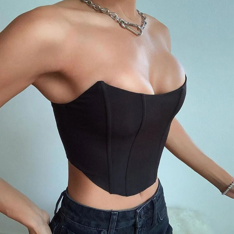 Sleeveless Off Shoulder Velvet Fashion Sexy Corset Crop Tops Vest Female Underwear Backless Bustier Top Solid black