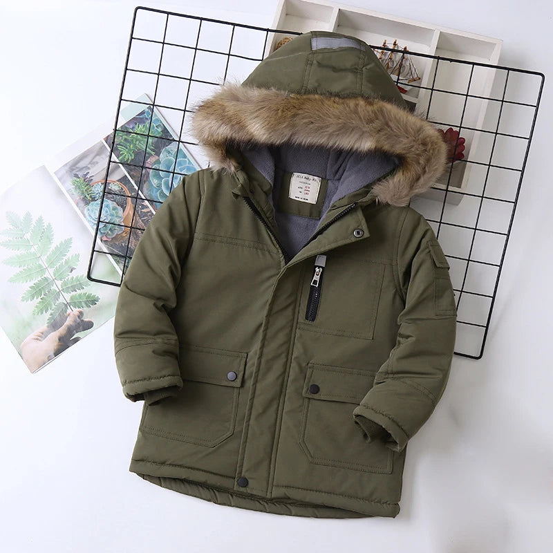 Boys Coats Autumn Winter Fashion Hooded Fur Children's Plus Velvet Warming Cotton Outerwear For Kids Jacket 5-14 Years army green