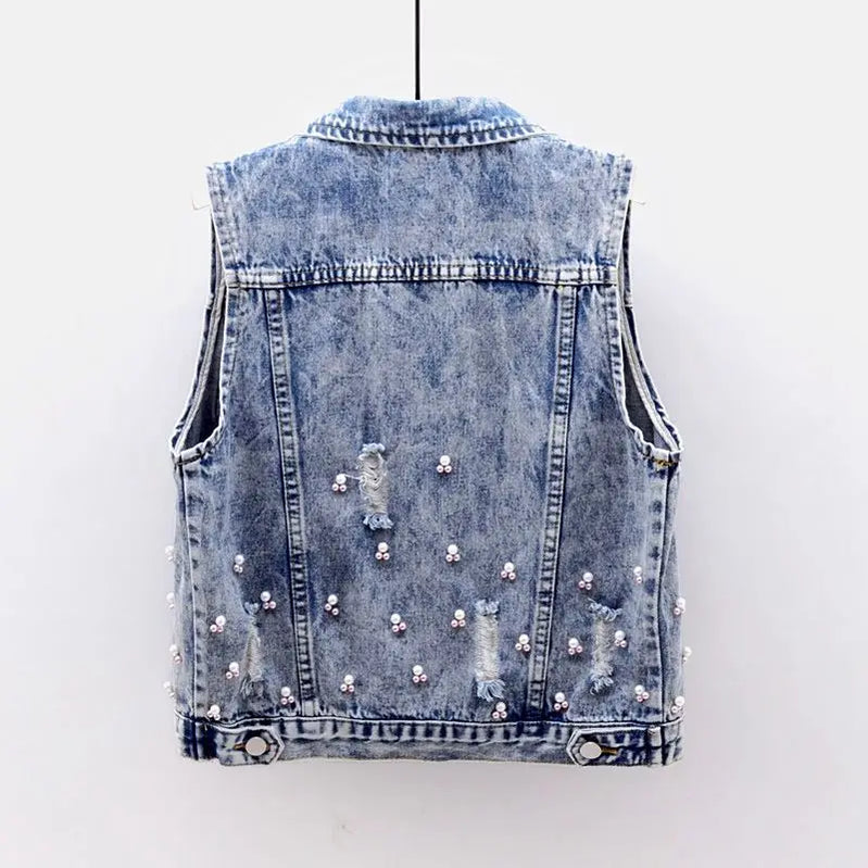 Student Vest Slim Short Jacket Embroidery Flowers Sleeveless Denim Vest Women's Beaded Waistcoat Hole Jeans Vest Coat Girl
