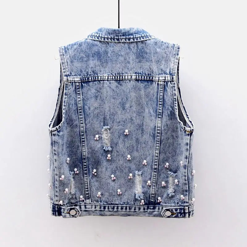 Student Vest Slim Short Jacket Embroidery Flowers Sleeveless Denim Vest Women's Beaded Waistcoat Hole Jeans Vest Coat Girl