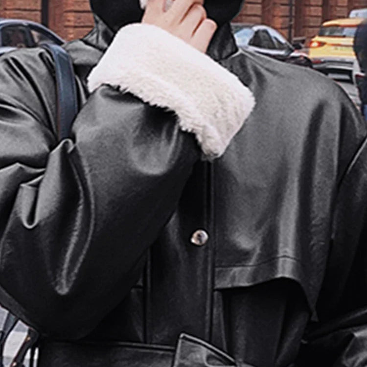 Winter Long Warm Thick Leather Trench Coat for Women with Faux Fur Inside Belt Loose Korean Fashion 2021 Fur Lined Parka