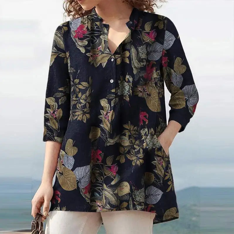 Floral Printed Blouse Oversized Women Casual V Neck 3/4 Sleeve Shirt Retro Maxi Cotton Tops Bohemian Work Female Blusas Navy Blue