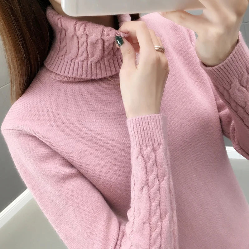 Women Sweater Turtleneck Pullovers Autumn Winter Sweaters New 2023 Long Sleeves Thick Warm Female Sweater Khaki Pink