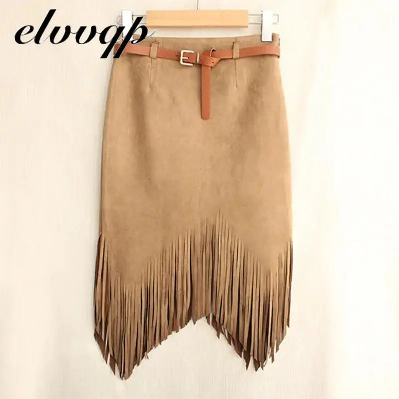 Multi Color Suede Sexy Midi Pencil Skirt Women Fashion High Waist Office Lady Bodycon Tassel Skirts With Belt Khaki