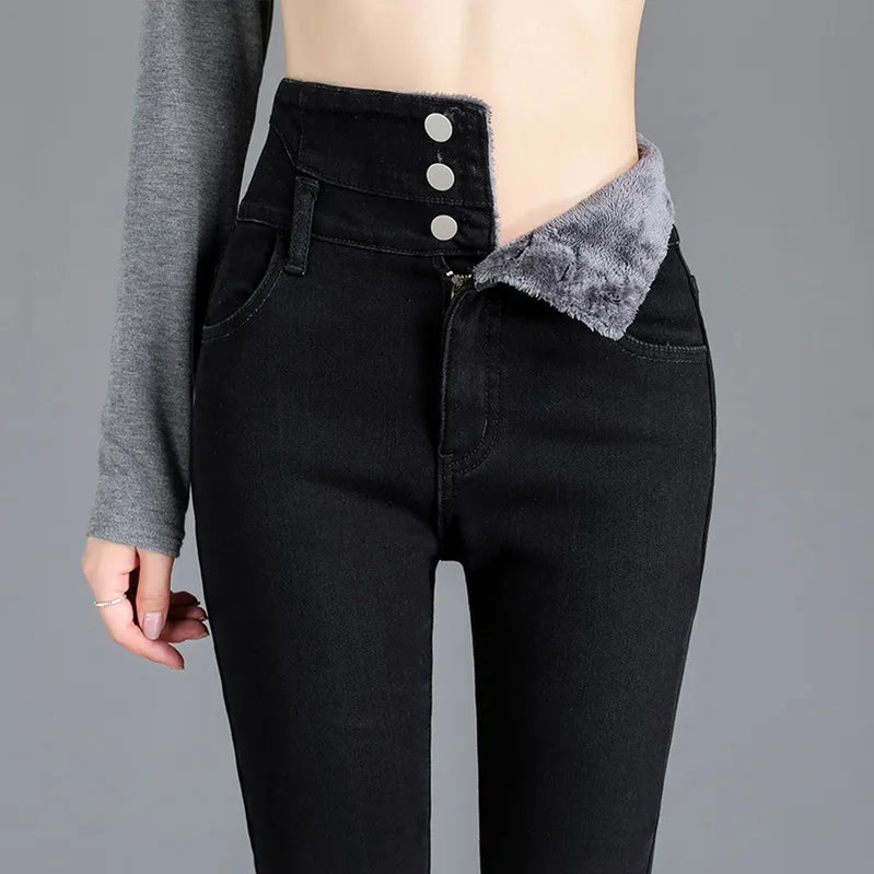 Thermal Winter Thick Fleece High-waist Warm Skinny Jeans Thick Women Stretch Button Pencil Pants Mom Casual Velvet Jeans black