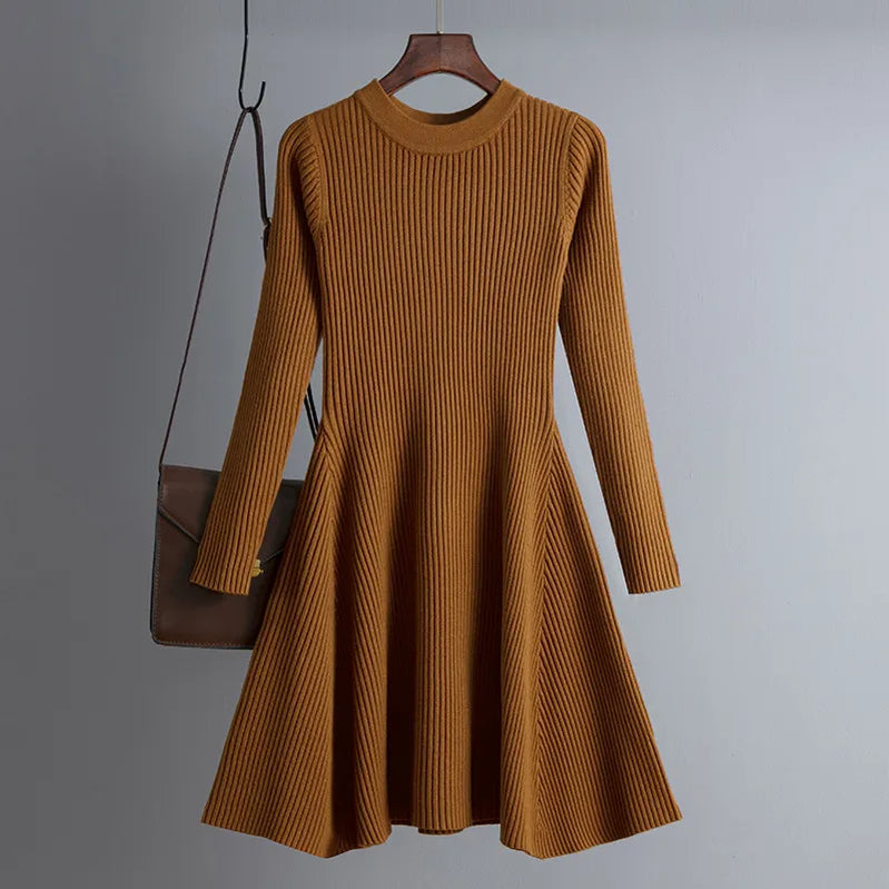 HLBCBG basic autumn winter short aline thick sweater dress elegant knit dress women slim mini dress Female chic knit sexy dress Brown One Size
