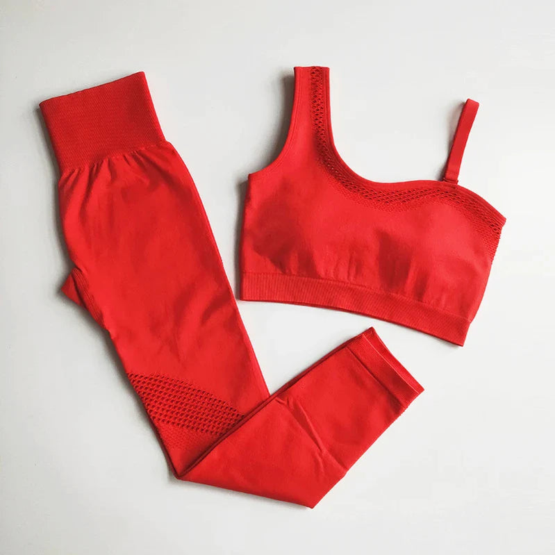 Seamless Yoga Set Sport Outfits Women 2pcs Two Piece Hollow Long Sleeve Crop top Leggings Workout Wear Gym Suit Fitness Sets Red Set 2