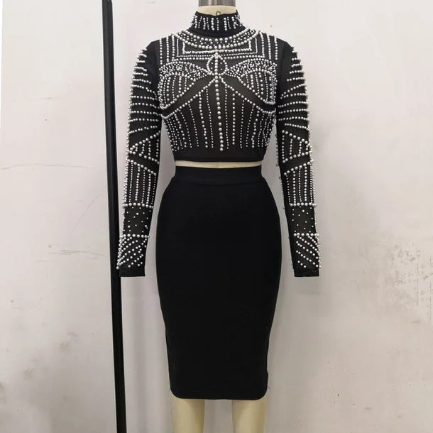 Conjunto de duas peças com pérolas pretas e miçangas, conjunto de bandagem de rayon, roupa de festa de clube