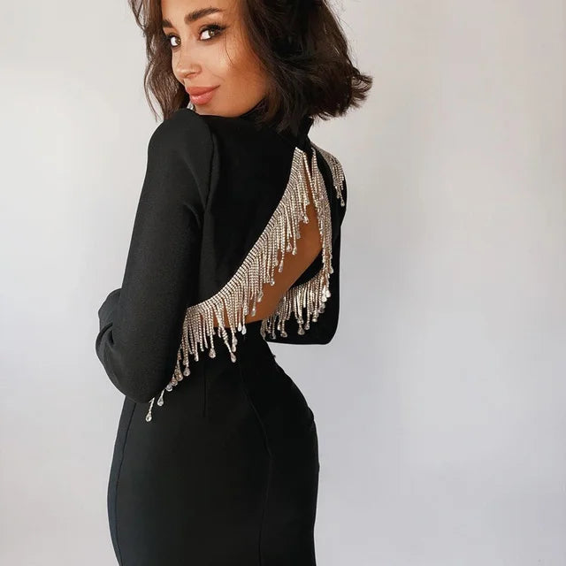 Red Black Sexy Fashion Sparkly Backless Diamonds Tassel Rayon Bandage Dress Cocktail Party Dress Vestidos