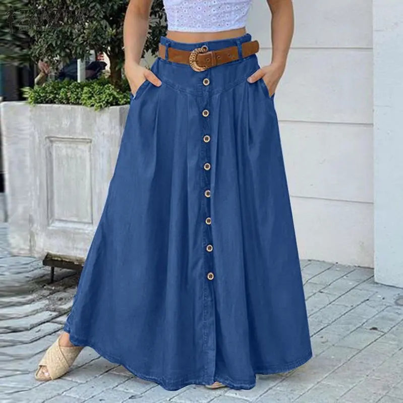 Fashion Button Maxi Skirts Women Summer Sundress Casual High Waist Long Vestidos Female Solid Robe Femme