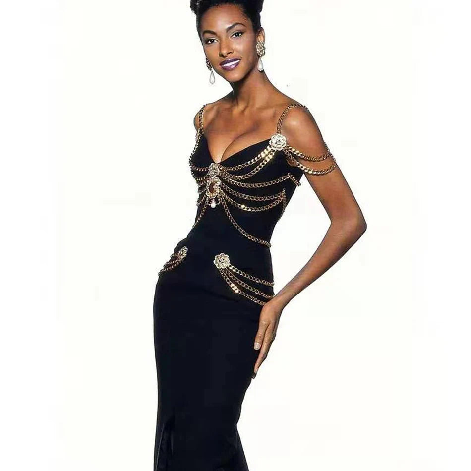 Vestido longo preto e branco com alças finas e decote em V, bandagem dividida, justo, para celebridades, clube, festa