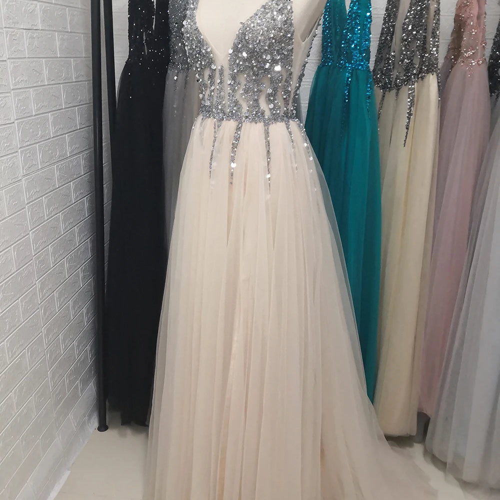 Beading Prom Dresses Long V Neck Light Gray High Split Tulle Sweep Train Sleeveless Evening Gown A-Line Backless Vestido De Champagne