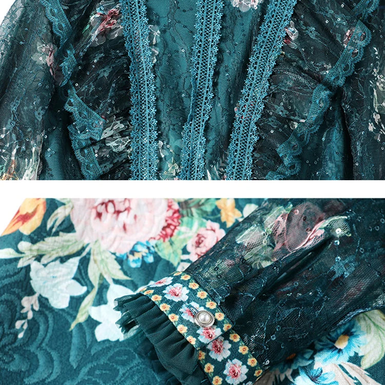 Spring Fashion Runway Flower Jacquard Dress Women's Beading Stand Long Sleeve Ruffles Lace Stitching Vintage Party Vestidos