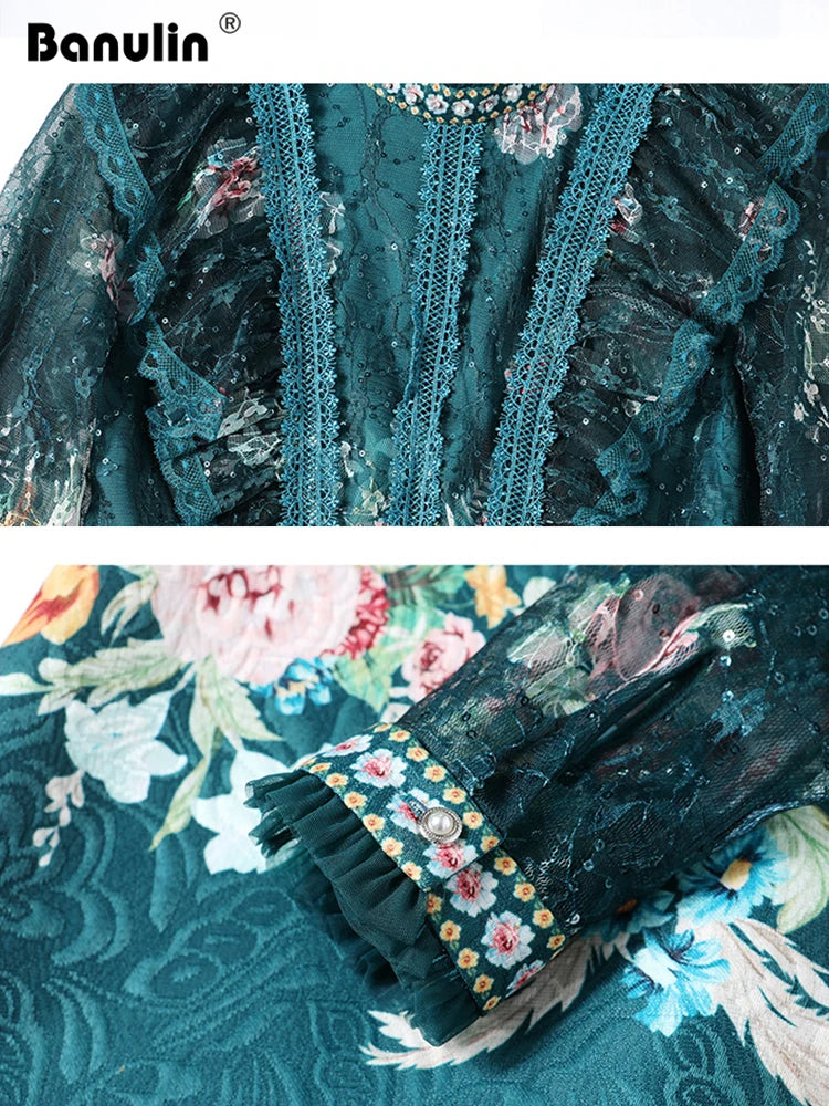 Spring Fashion Runway Flower Jacquard Dress Women's Beading Stand Long Sleeve Ruffles Lace Stitching Vintage Party Vestidos