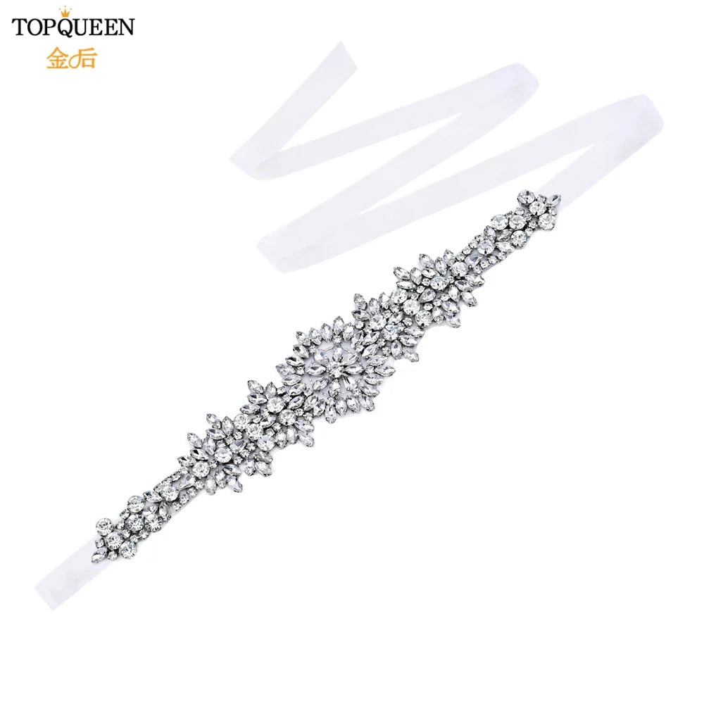 TOPQUEEN S319 Rhinestones Wedding Belt Sparkly Bride Dress Decorative Sash with Stone Jeweled Satin Ribbons Silver Gown Applique Organza white