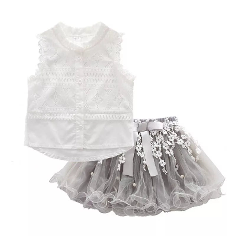 Girls Clothing Sets Summer Lace T-Shirts Floral Tutu Skirt 2Pcs Suits Girls Clothes Sets Fashion Princess Kids Outfits 2022 Set white100638