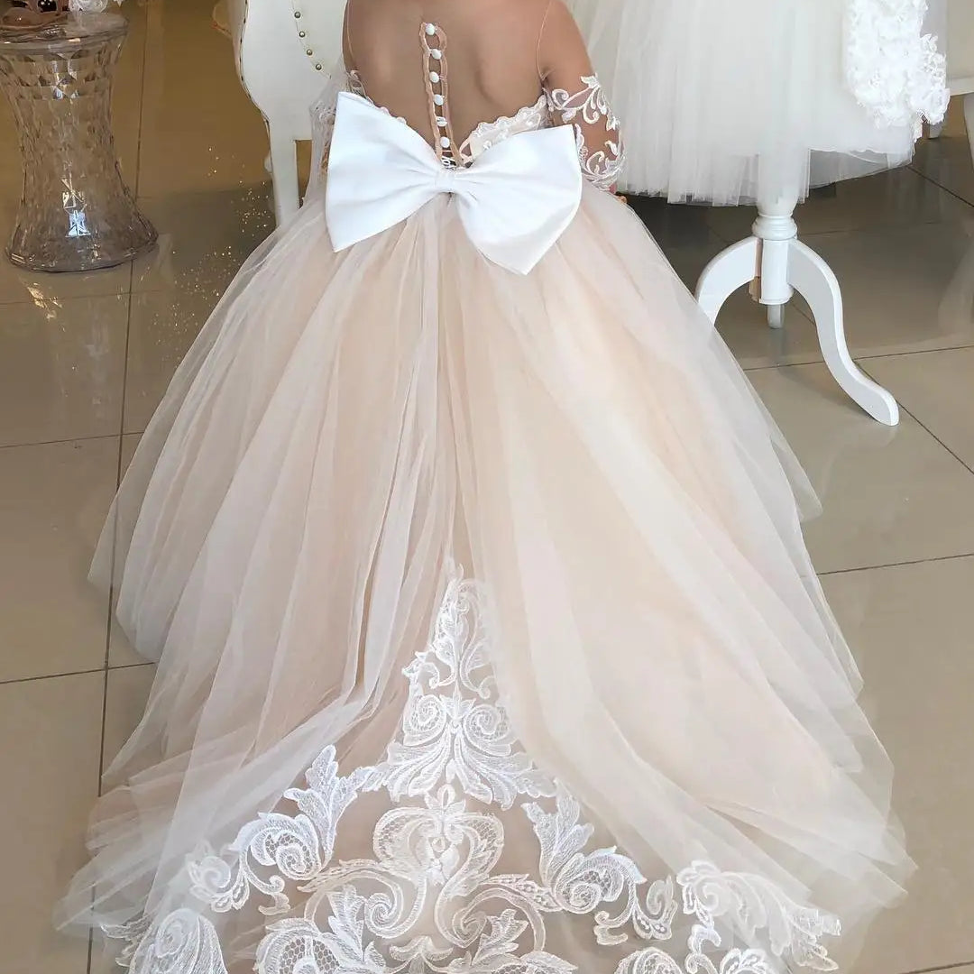 2-14 Years Lace Tulle Flower Girls Dress Princess for Kid Child Wedding Party Junior bridesmaid Maxi Ball Gown Evening