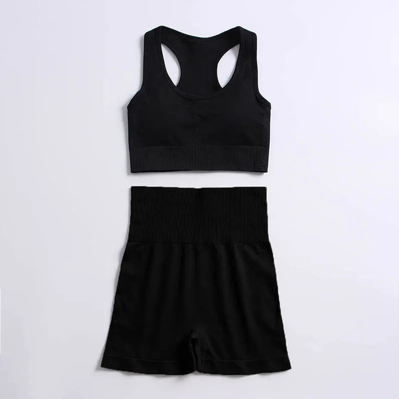 2pcs seamless hyperflex workout sport outfits for women sportswear athletic clothes gym Long Sleeve Crop Top High Waist Leggings Bra shorts Black